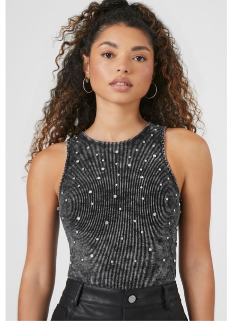 90s Vintage Rhinestone Grey Acid Washed Tank Top Ribbed Bodysuit